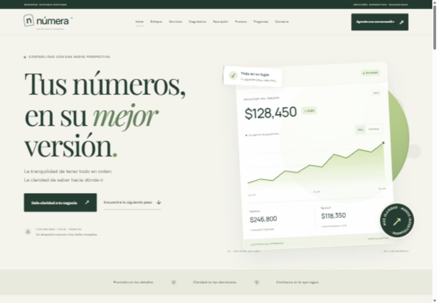 Númera: ejemplo premium de un despacho contable con diseño marfil y verde y reporte financiero interactivo