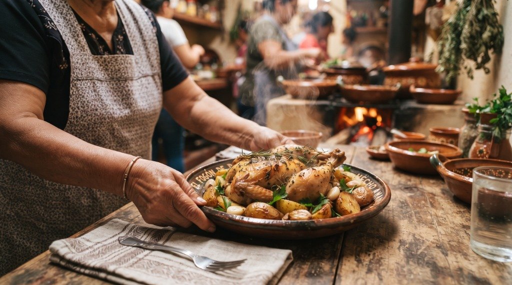Doña Rosa sirviendo pollo asado casero
