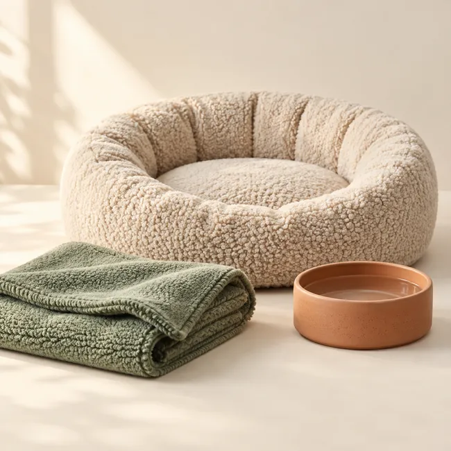 Cama, manta y cuenco para un rincón acogedor